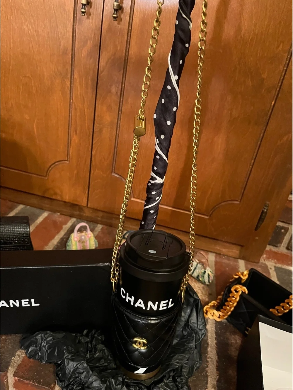 GWP - CHANEL Black and Gold Travel Mug with Quilted Crossbody Cup Holder